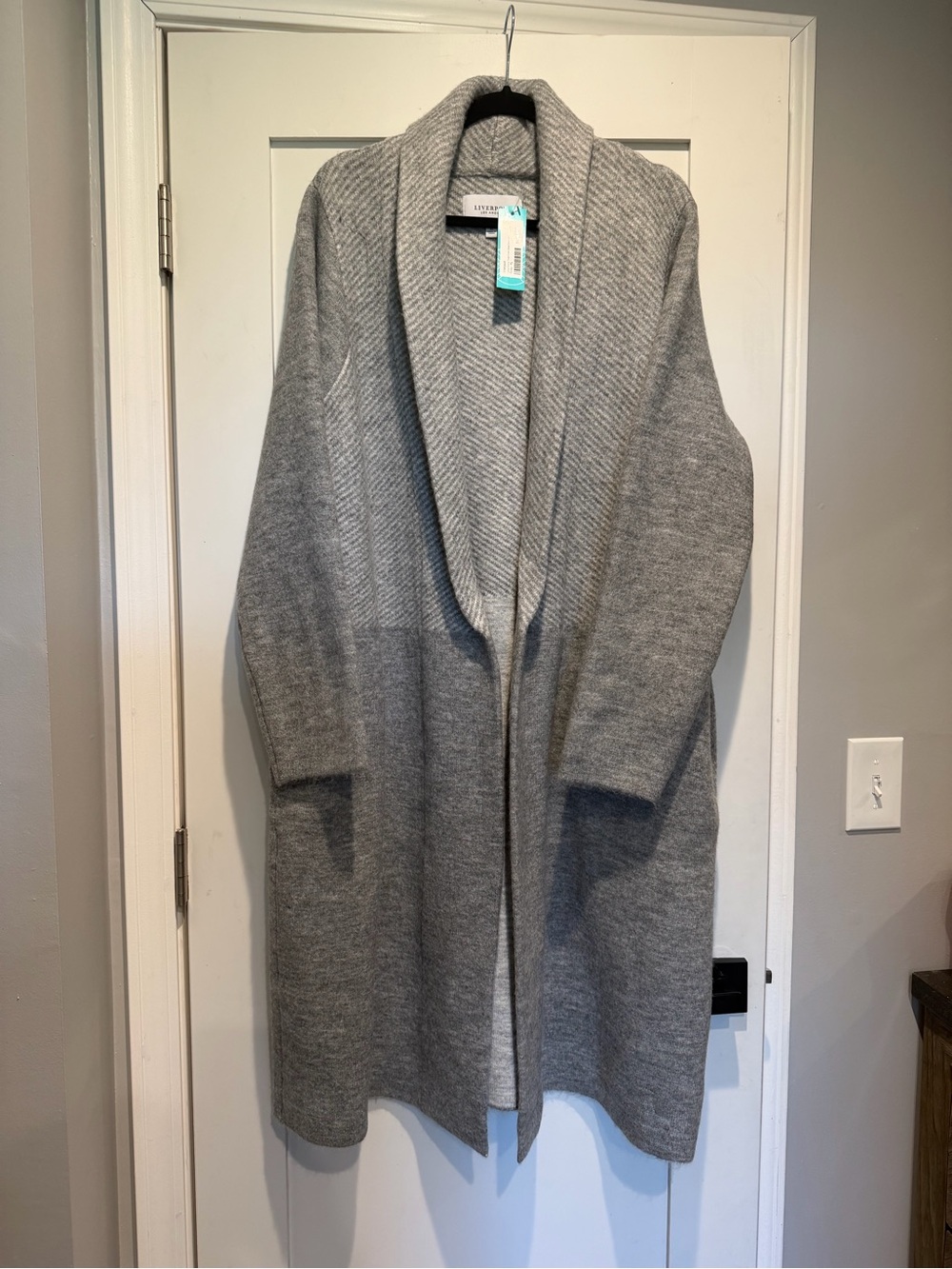 Liverpool Light Gray Open-Front Shawl Collar Cardigan
